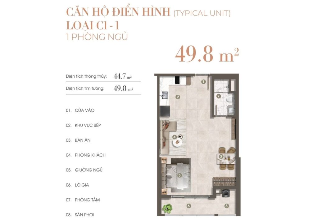 LAYOUT CĂN 1 PHÒNG NGỦ CHUNG CƯ THE PRIVÉ QUẬN 2